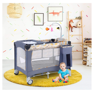 Patut pliant At Performance, pentru bebelusi si copii, 2 nivele, portabil, etaj intermediar nou-nascuti, bara cu jucarii, masa de infasat, salteluta, buzunar lateral, geanta transport, Gri - Patut bebe - atMag.ro