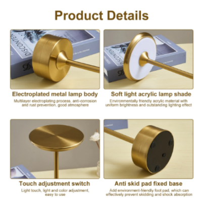 Lampa Led din metal, pentru Restaurante, Mese, Hoteluri, Birouri, reincarcabila prin USB, cu touch, Gold - Veioze si lampi - atMag.ro