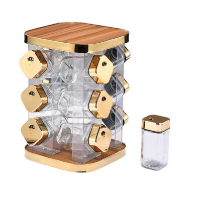 Set 12 recipiente condimente cu suport, At Performance, Rotativ, recipiente din sticla, Auriu/lemn - Rasnite si dozatoare condimente - atMag.ro