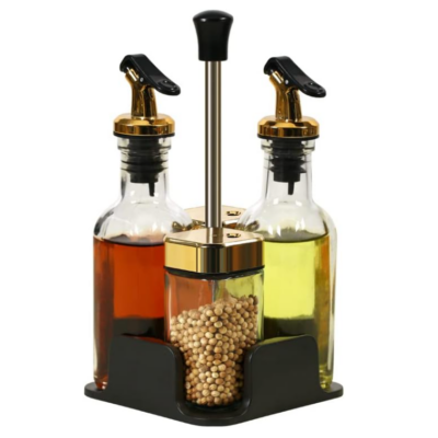 Set 4 piese Oliviera sticla, At Performance, cu suport, pentru sare, piper, ulei, otet, Negru/ Auriu - Rasnite si dozatoare condimente - atMag.ro