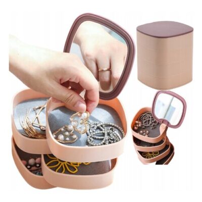 Organizator bijuterii cu oglinda, AT PERFORMANCE®, Plastic, 12.5x12 cm, Roz - Altele - atMag.ro