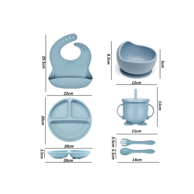 Set 6 piese din silicon fara BPA, AT PERFORMANCE®, de diversificare a hranei pentru bebelusi, 6+ luni, cu Bol, Farfurie, Cana cu pai Lingurita, Furculita, Bavetica Albastru - Articole hranire bebelusi - atMag.ro