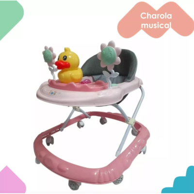 Premergator pliabil si muzical, AT PERFORMANCE®, cu roti de silicon, Ratusca, 2 flori, Roz - Carucioare si sisteme transport bebe - atMag.ro