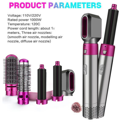 Perie de Par 5 in 1, At Performance - Multifunctionala, 5 Accesorii pentru , Usuca, Indreapta si Onduleaza Parul, 3 Trepte de Temperatura, Gri/Fuchsia - Aparate & Accesorii ingrijire personala - atMag.ro