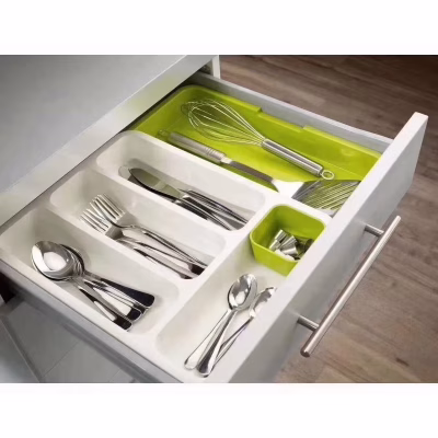 Organizator Extensibil si Multifunctional pentru Tacamuri AT PERFORMANCE®– Suport Modular pentru Sertar din Plastic - de la 29cm la 48cm - Alb-Verde - Organizatoare imbracaminte si incaltaminte - atMag.ro