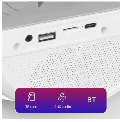 Lampa led RGB de masa 3in1, At Performance, cu Statie incarcare wireless, Muzica Bluetooth, FM, USB, 1500mh, Alb - Veioze si lampi - atMag.ro