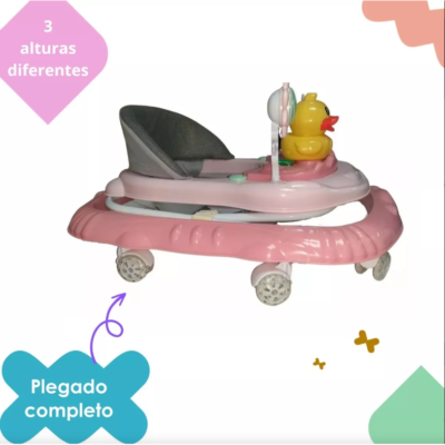 Premergator pliabil si muzical, AT PERFORMANCE®, cu roti de silicon, Ratusca, 2 flori, Roz - Carucioare si sisteme transport bebe - atMag.ro