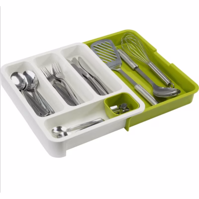 Organizator Extensibil si Multifunctional pentru Tacamuri AT PERFORMANCE®– Suport Modular pentru Sertar din Plastic - de la 29cm la 48cm - Alb-Verde - Organizatoare imbracaminte si incaltaminte - atMag.ro
