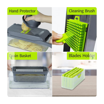 Feliator multifunctional 10n1, At Performance®, Inox, Recipient stocare, Verde/Gri - Feliatoare manuale - atMag.ro