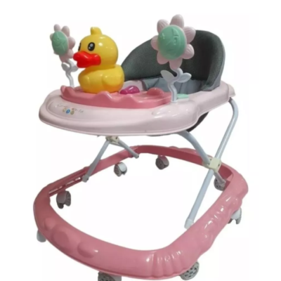 Premergator pliabil si muzical, AT PERFORMANCE®, cu roti de silicon, Ratusca, 2 flori, Roz - Carucioare si sisteme transport bebe - atMag.ro