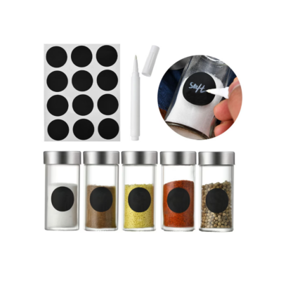 Set 12 Borcane de sticla pentru condimente, AT PERFORMANCE®, cu etichete, palnie, perie de curatare, marker - Rasnite si dozatoare condimente - atMag.ro