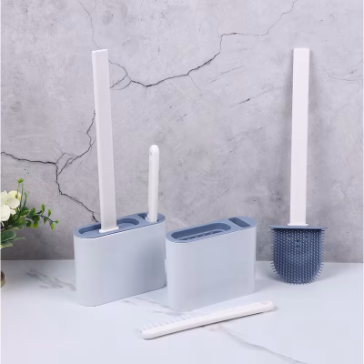 Set Perie WC din silicon pentru toaleta, AT PERFORMANCE®, Cap Flexibil, fixare pe perete, cu recipient din plastic, aspect modern, Alb - Sanitare - atMag.ro