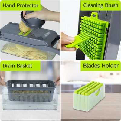 Feliator multifunctional 10n1, At Performance®, Inox, Recipient stocare, Verde/Gri - Feliatoare manuale - atMag.ro