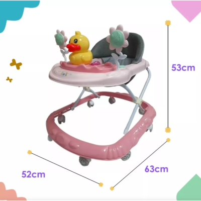 Premergator pliabil si muzical, AT PERFORMANCE®, cu roti de silicon, Ratusca, 2 flori, Roz - Carucioare si sisteme transport bebe - atMag.ro