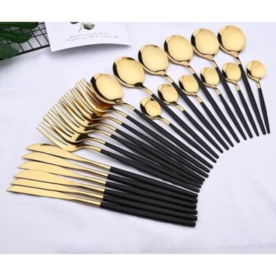 Set de tacamuri moderne AT PERFORMANCE®, 24 de piese, negru si auriu lucios, 13-21 cm. - Bucatarie si Servire - atMag.ro