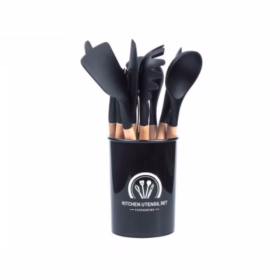 Set 12 ustensile, AT PERFORMANCE® din silicon termorezistent si maner din lemn - Bucatarie si Servire - atMag.ro